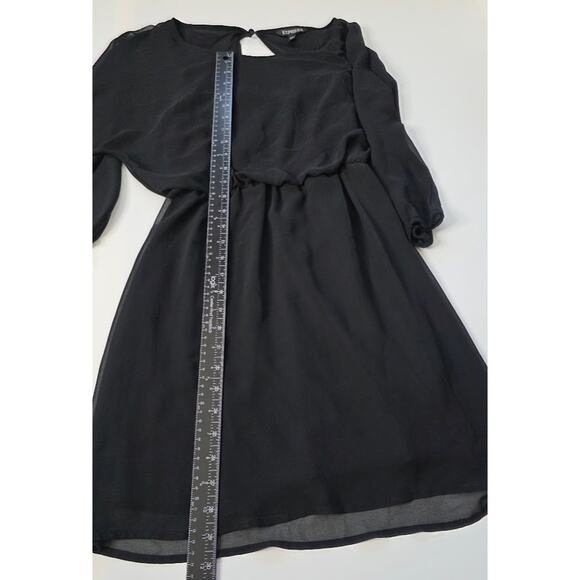 Express Black Sheer Sleeve Mini Dress Knee Size S Elastic Waist Keyhole Back - Picture 14 of 16